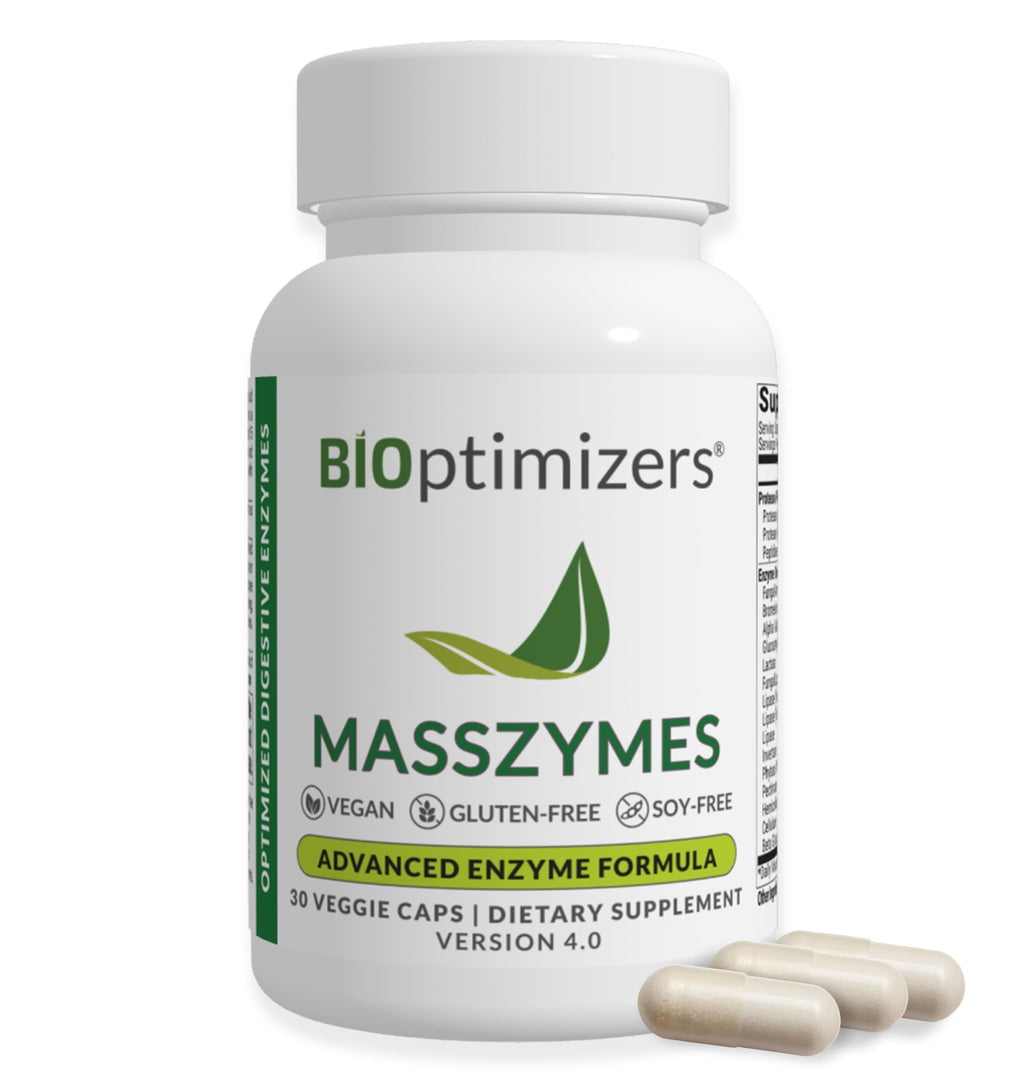 BIOptimizers MassZymes - Complete Digestive Enzymes Supplement for Gut Health - Bloating Relief for Men and Women - Lipase Amylase Bromelain Digestive Enzymes (30 Capsules)