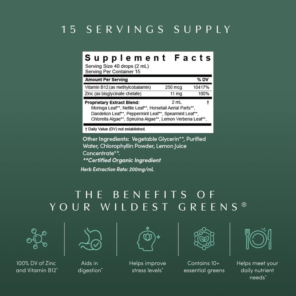 Apothékary Your Wildest Greens Herbal Liquid Drops, All-in-One Daily Superfood Supplement, Vitamin & Mineral Support, 5X Potency of Greens Powders, Sugar Free, Made in the USA, 1 Fl oz, 15 Servings