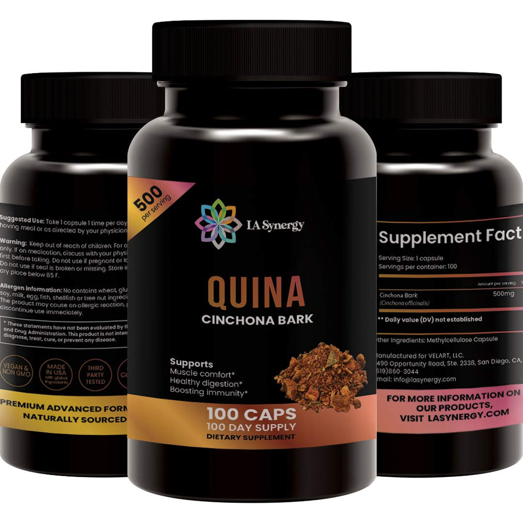 Quinine Quina Capsules 500mg, Cinchona Red Bark Natural Herbal Supplement, Leg Cramp Relief Tablets, Cramp Muscle Defense and Overall Digestive Health, 100 Pills