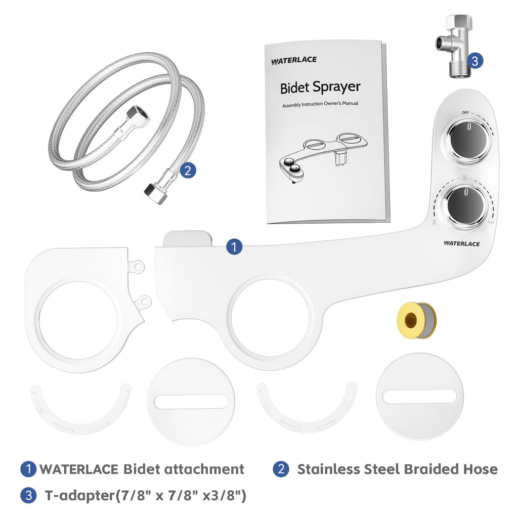 WATERLACE Bidet Attachment for Toilet Seat Water Pressure - Non Electric Bidets Self Cleaning Sprayer - Dual Nozzle Bidet Attachments Toilets Spray - Adjustable Bidets Wash Butt Cleaner for Bathroom