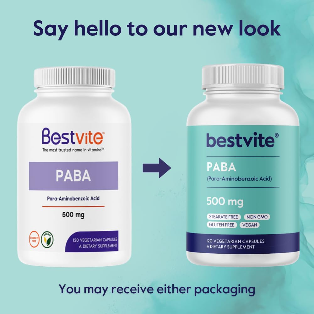 BESTVITE PABA 500mg (120 Vegetarian Capsules) (para-Aminobenzoic Acid) - No Stearates - Vegan - Non GMO - Gluten Free