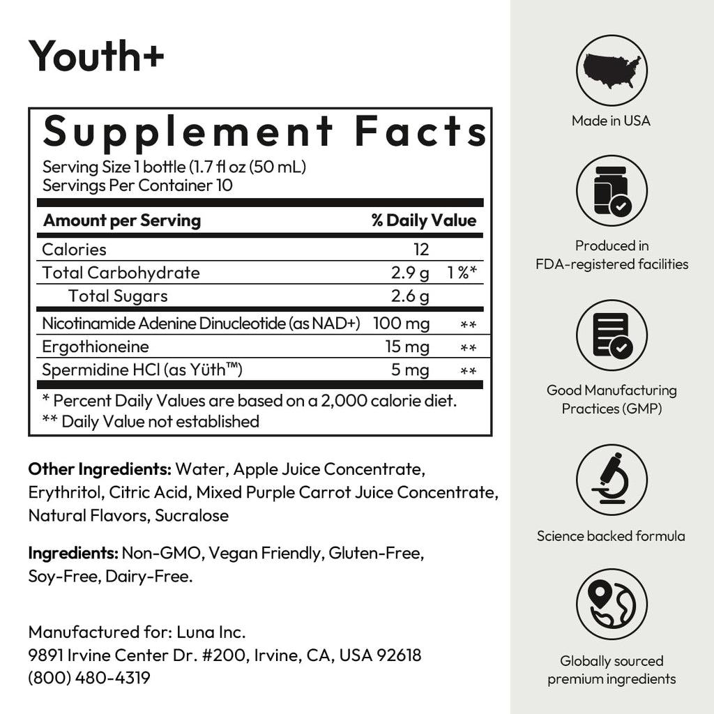 BIGVITA Youth+ | NAD+, Spermidine, and Ergothioneine Shots for Anti-Aging, Energy, Skin & Hair Health, Cognitive Support | Ready-to-Drink Supplement | Beauty from Within | Vegan, Made in USA