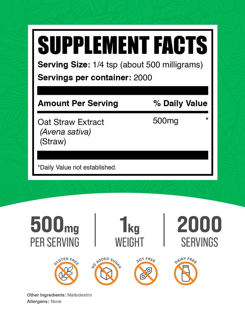 BulkSupplements.com Oat Straw Extract Powder - Avena Sativa, Oat Straw Supplements - Herbal Supplement, Gluten Free, 500mg per Serving, 1kg (2.2 lbs) (Pack of 1)