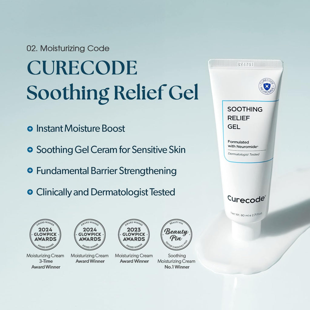 CURECODE Soothing Relief Gel Moisturizer 80ml (2.71 Fl Oz) Korean Skin-Biome Science with Neuromide, Ceramides for Calming, Hydration with Skin Barrier, Pore Refinement, and Gentle for All Ages