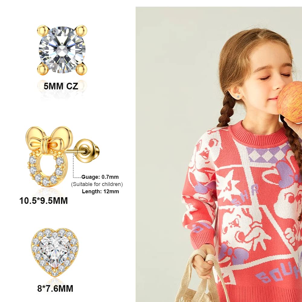TOPBRIGHT 8 Pairs S925 Sterling Silver Stud Earrings Hypoallergenic Earrings with 18k Gold Plated Heart CZ Tiny Butterfly For Kids, Toddlers, Little Girls, Teens, Women