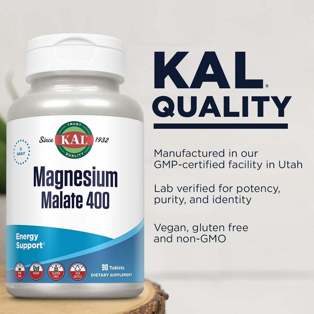 KAL Magnesium Malate 400mg, Chelated Magnesium Supplement with Malic Acid, Healthy Energy & Muscle Function Support, Enhanced Absorption, Vegan, Non-GMO, 45 Servings, 90 Veg Tabs