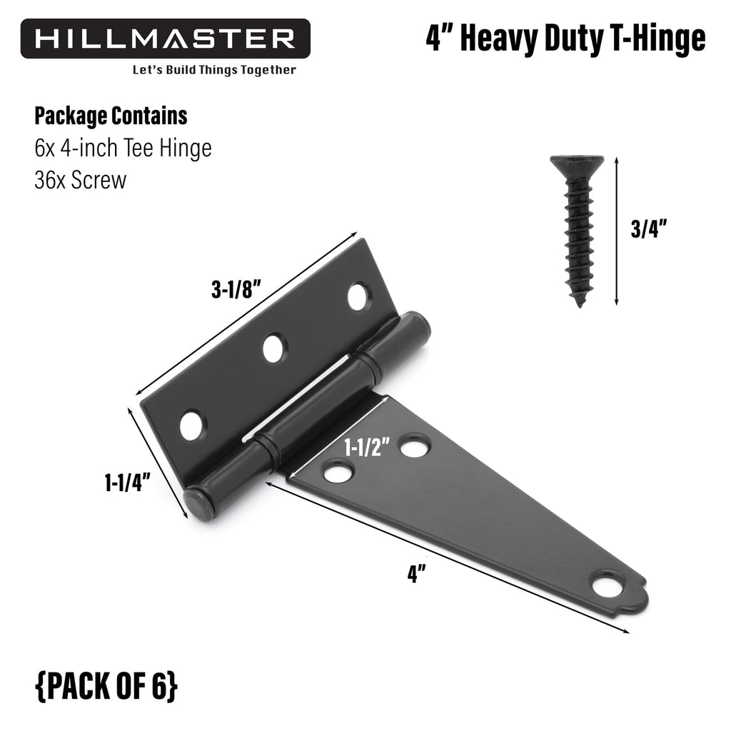 HILLMASTER 4 Inch T-Strap Hinges Heavy Duty Shed Door Hinges Gate Strap Hinges Black Tee Hinge Wrought Gate Hardware Small T Hinges for Wooden Fences,Shutter,Window,Barn,Outdoor Rustproof(6 Pack)
