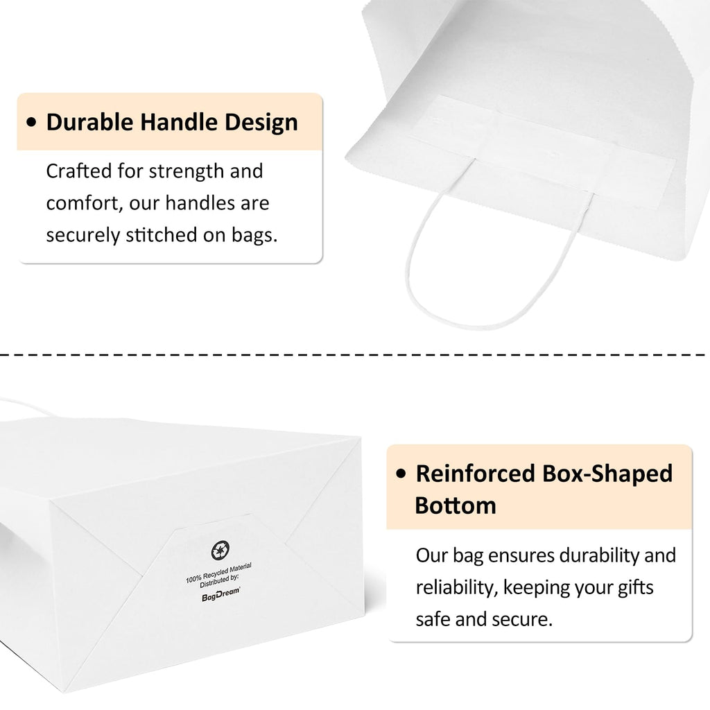 BagDream Kraft Paper Bags with Handles 10x5x13 Inch Large White 50 Pcs Bulk