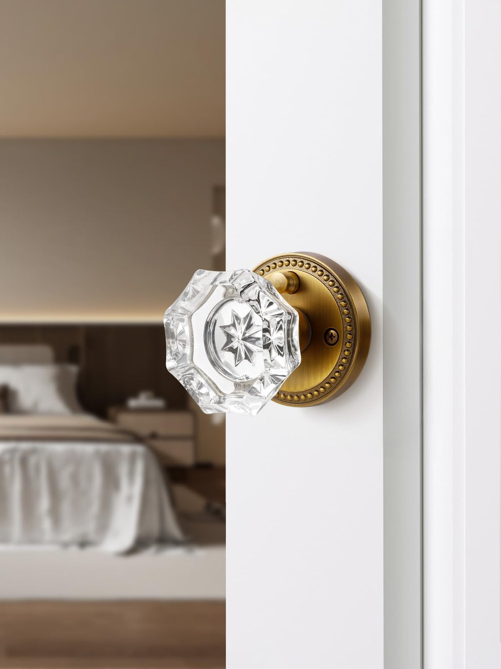 SORWDUERM Antique Brass Door Knobs Crystal Door Knob Interior Privacy Door Knob for Bedroom and Bathroom Glass Door Knob,Zinc Alloy 1 Pack