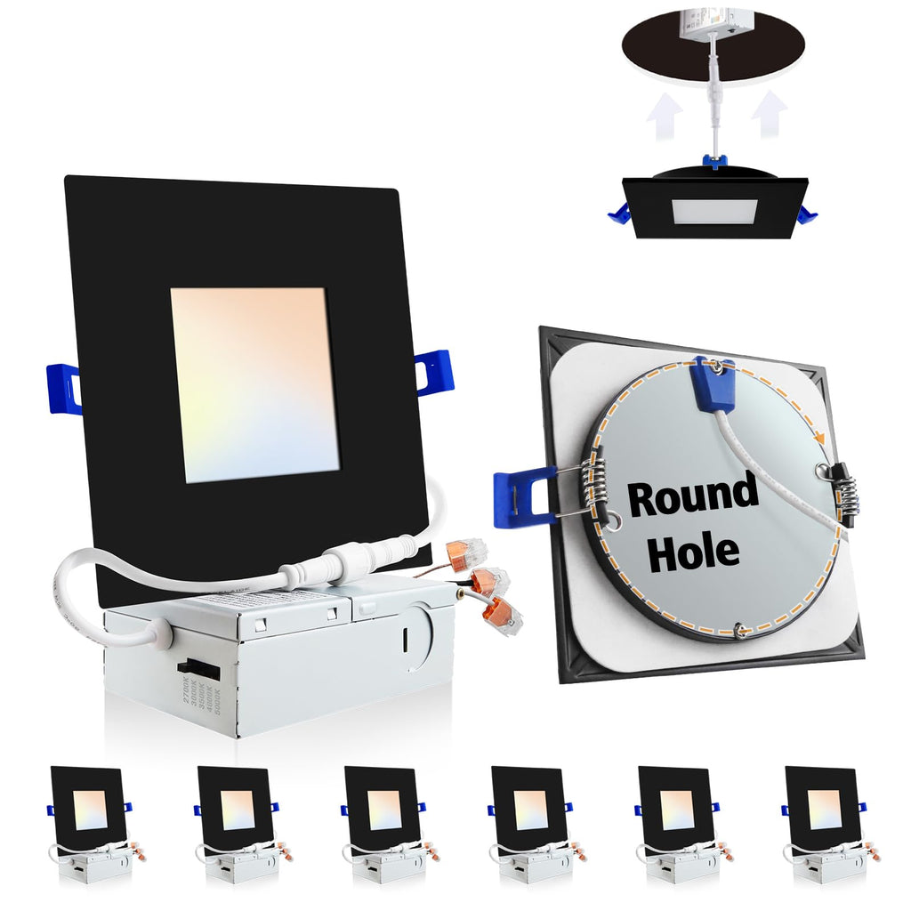 Adetu 4 inch Square Led Recessed Lighting Black,5CCT Ultra Thin Square Led Ceiling Light with Junction Box, 2700K/3000K/3500K/4000K/5000K Selectable,Dimmable,ETL and Energy Star Certified