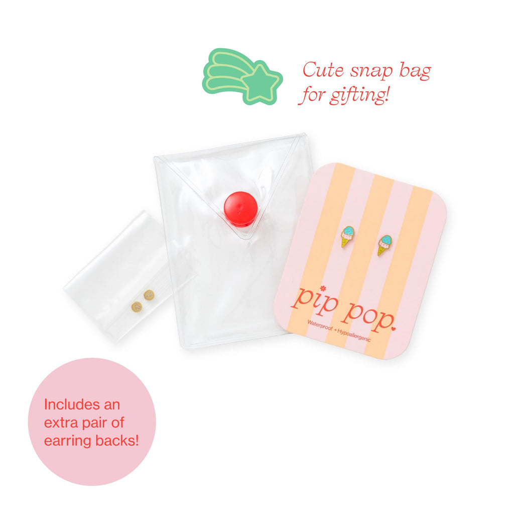 Pip Pop Ice Cream Flat Back Stud Earrings - Hypoallergenic, Gold PVD
