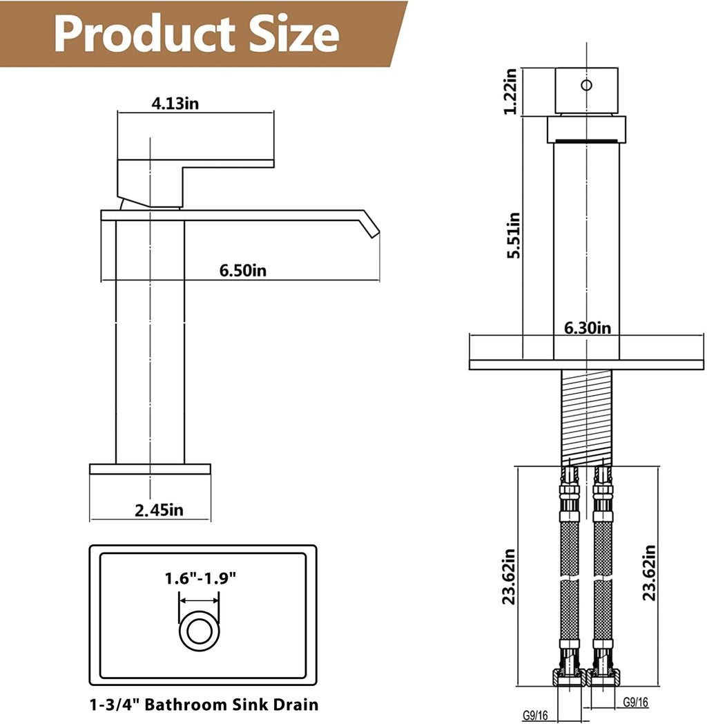 Fransiton Black Waterfall Bathroom Faucet Lavatory Single Handle 1 or 3 Hole Bathroom Sink Faucet Washbasin Faucet with Deck and Pop-up Drain