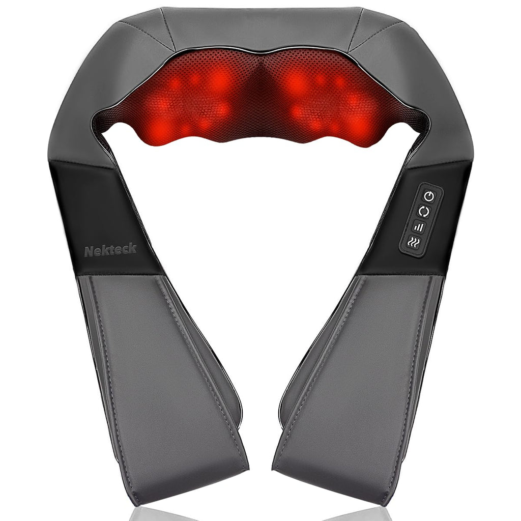 Nekteck Shiatsu Neck Massager with Heat for Pain Relief Deep Tissue, 2026 Upgraded 3D Back Shoulder Kneading Massage Pillow, Body Muscle Relaxation Tool Gifts for Him Her Mom Dad, Gray (NOT Cordless)