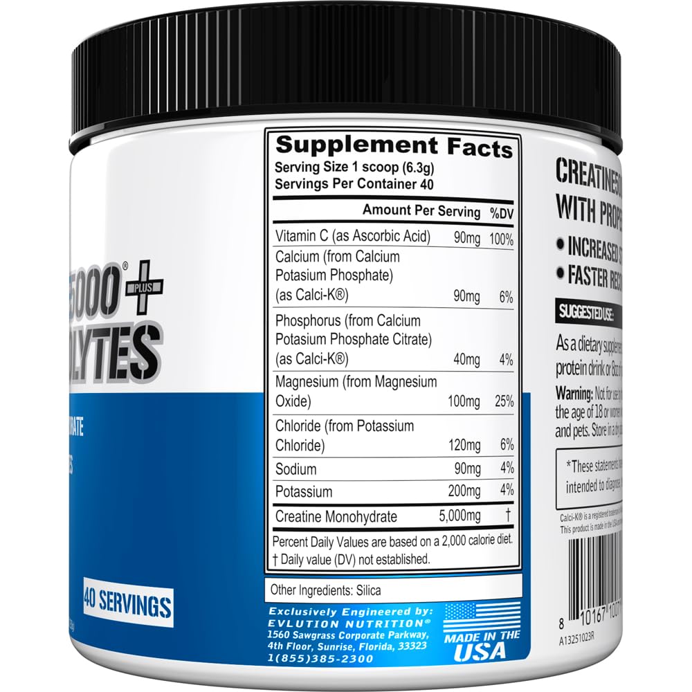 Evlution Nutrition Creatine 5000 + Electrolytes - Supports Faster Recovery, Lean Muscle Growth & Hydration - 5g Creatine Monohydrate & 6 Key Electrolytes Per Serving - 40 Servings - Unflavored Powder