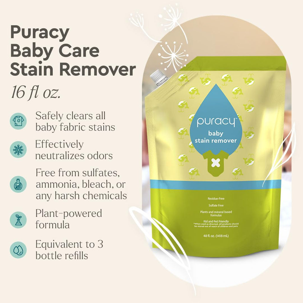 Puracy Stain Remover, Travel and Laundry Stain Cleaner for Clothes, Baby Essentials, Kids Stains, Oil and Fabric Spot Cleaner (Stain Remover Spray, 48 fl oz)