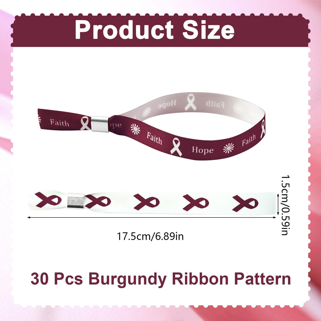 WANDIC 30 Pcs Burgundy Ribbon Bracelets, 5 Style Polyester Single Side Adjustable Multiple Myeloma Awareness Support Wristband for Event Fundraising, 6.89 * 0.59 * 0.07, no Gemstone