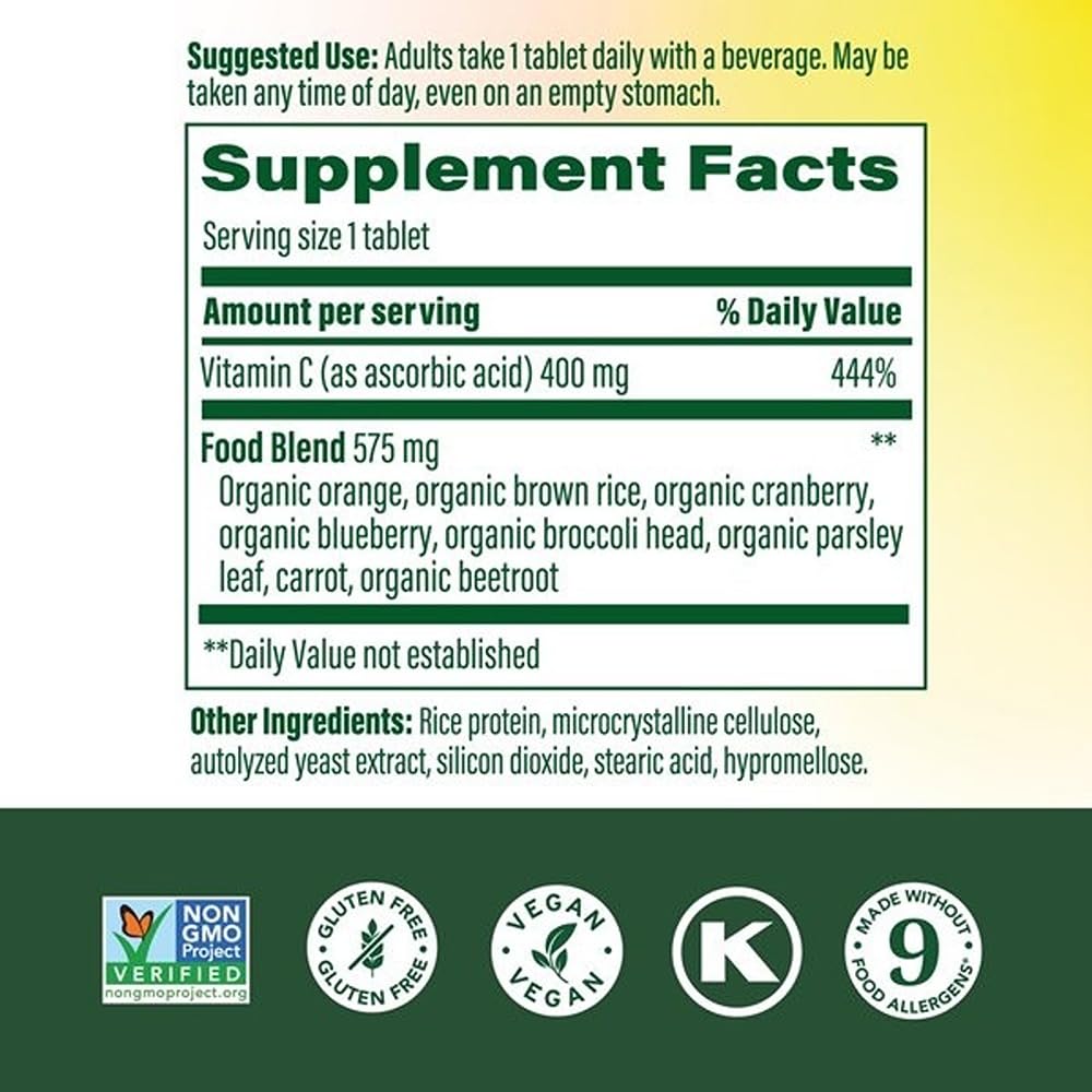 MegaFood Ultra C 400 mg - Vegan Vitamin C Immune Support Supplement, Vitamin C Supplement Made with Real Food Including Broccoli, Carrot, Cranberry & Brown Rice - 60 Tablets, 60 Servings