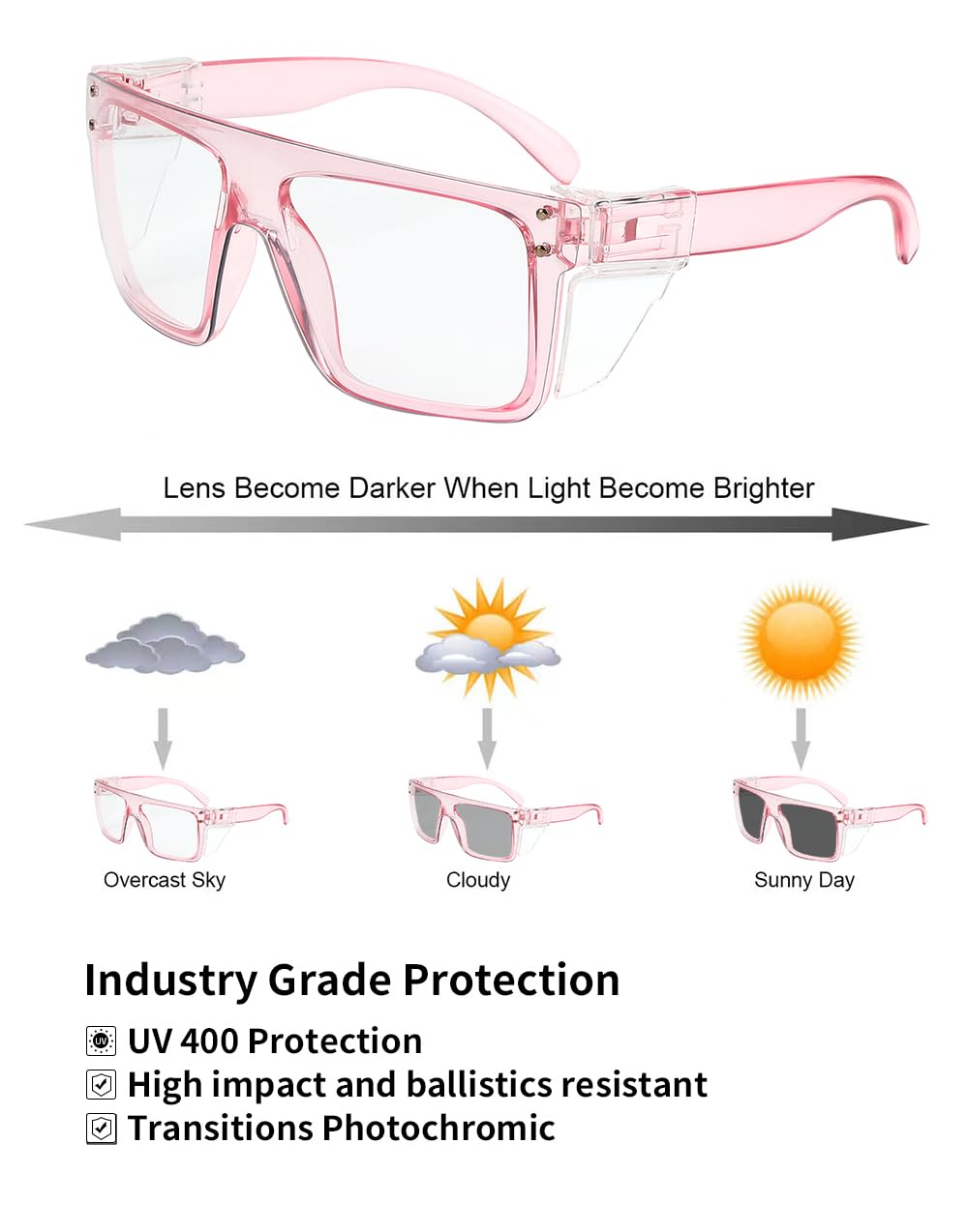 BINGKING ANSI Z87 UV400 Transition Photochromic Pink Safety Glases sunglasses for women (Clear pink (clear shield))