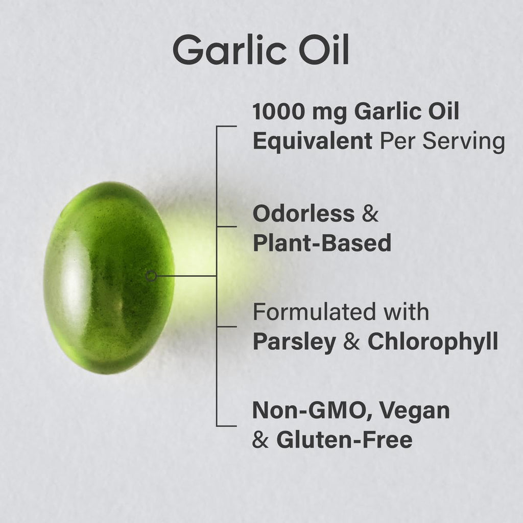 Sports Research® Odorless Garlic Oil Pills (1000mg) with Parsley & Chlorophyll - Vegan Certified · Non-GMO · Gluten Free - 150 Plantgel Capsules