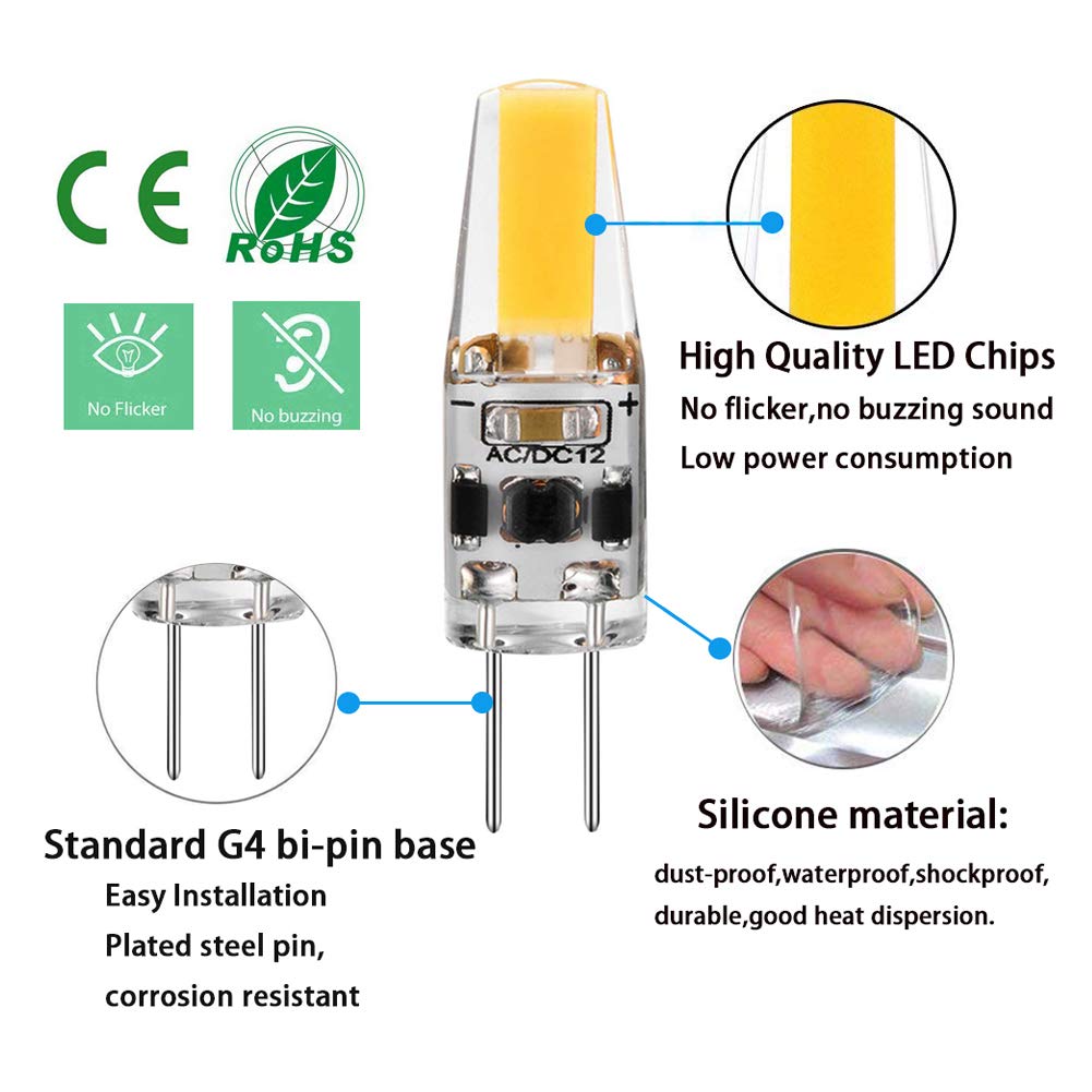 G4 LED Bulb 2W Equivalent to 20W T3 JC Type Bi-Pin G4 Base Halogen Bulb, AC/DC 12V Daylight White 6000K G4 Bulb for Under Cabinet Light, Ceiling Light, RV, Boats, Outdoor Landscape Lighting (10 Pack)