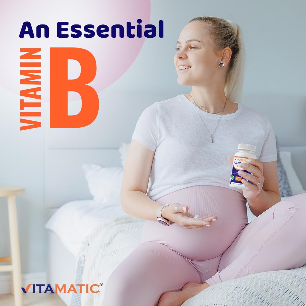 Vitamatic Folic Acid 5mg (5000 mcg) – 120 Vegetarian Tablets per Bottle | Pack of 2 (Total 240 Tablets) Vitamin B9 (Folate) | Supports Heart Health, Brain Function, and Prenatal Wellness