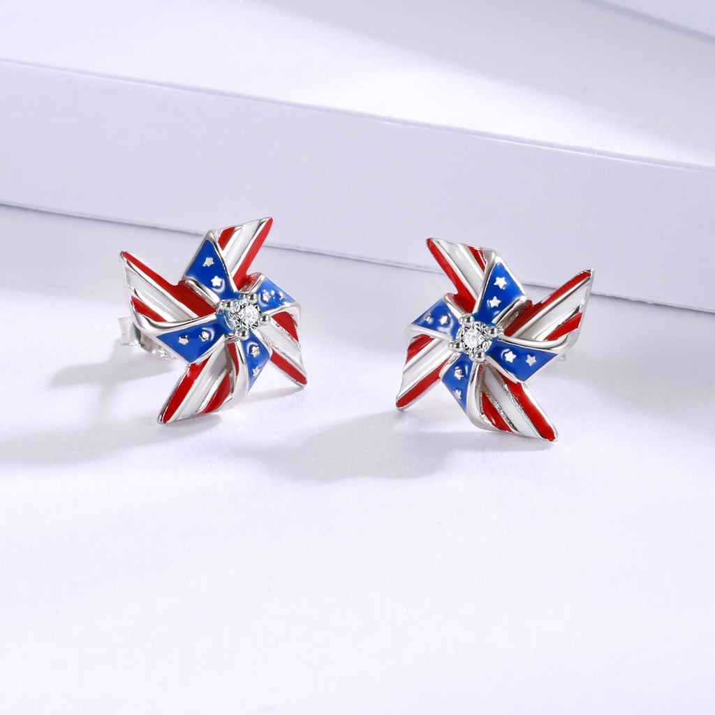 Silver USA American Flag Earrings - Patriotic Star Ears Stud Fourth of July Windmills Independence Day Hoop Jewelry Gift for Women Veterans