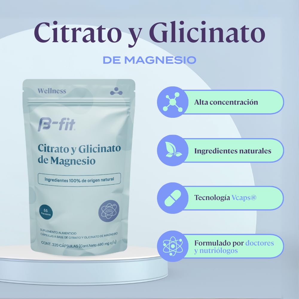 B-FIT B Magnesium Glycinate & Citrate - Supports Sleep and Muscle Recovery - Vegan - 496 mg -220 Capsules - 2 Month Supply