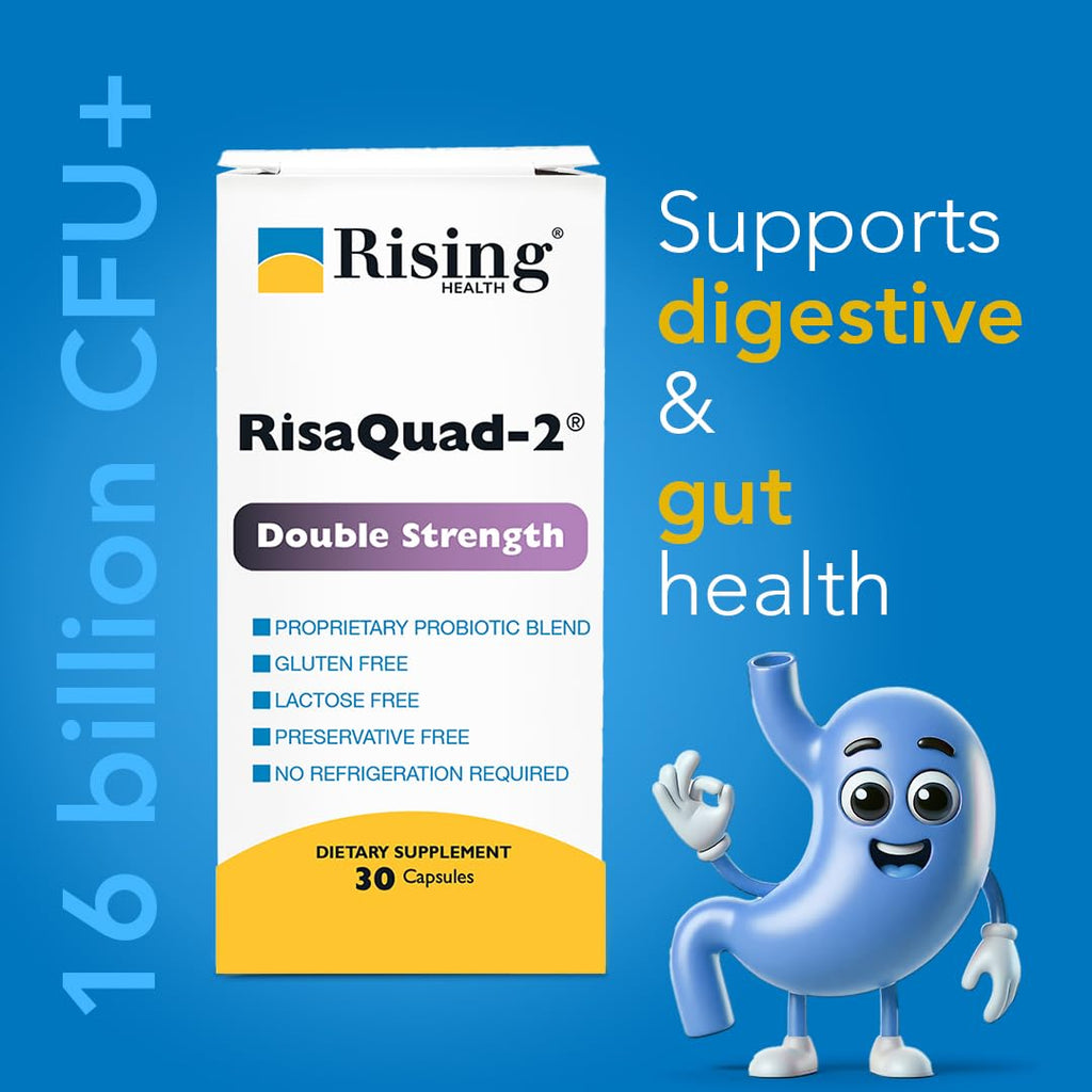 Rising Health RisaQuad-2™ Double Strength Probiotic Capsules – 80mg (16 Billion CFU+) Proprietary Probiotic Blend for Daily Digestive & Gut Health Support | No Need for Refrigeration - 30 Capsules