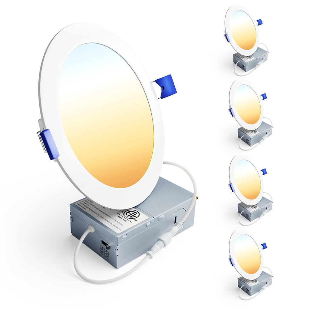 Ensenior 4 Pack 6 Inch LED Recessed Light, Dimmable, 2700K-5000K 5CCT, 1200LM High Brightness, 12W 120V, Damp Rated, Ultra-Thin Canless Wafer Ceiling Light - ETL & FCC & IC