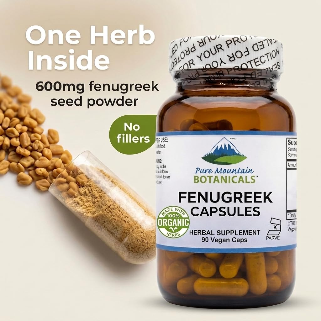 Pure Mountain Botanicals Fenugreek Capsules 600mg Organic - 90 Vegan Kosher Caps - Fenugreek Seed Supplement for Women and Men - Non-GMO Gluten Free - Fenogreco