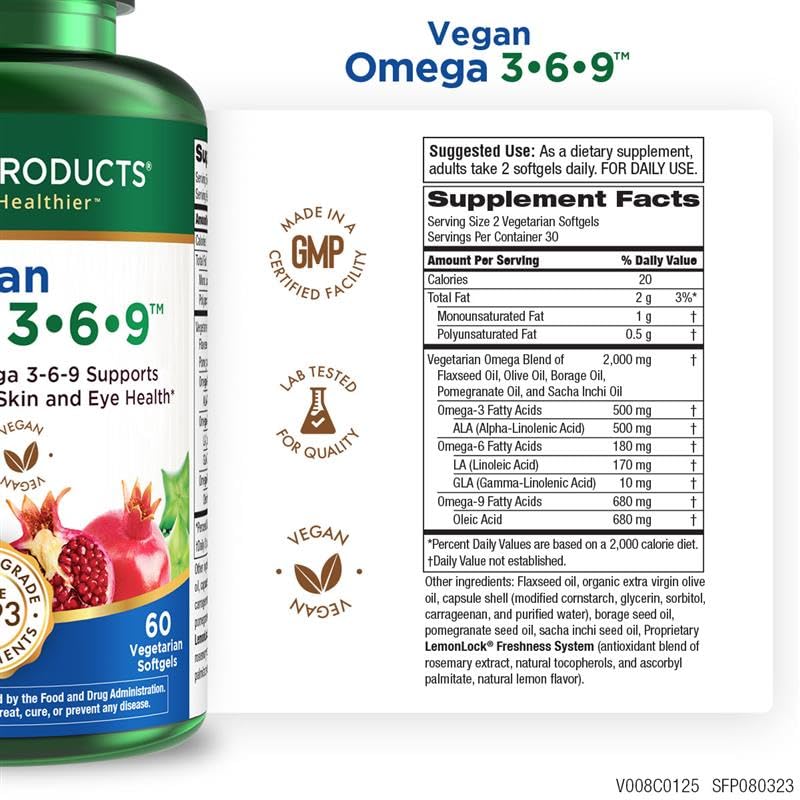 Purity Products Omega 3-6-9 Vegan and Vegetarian Formula - “5 in 1” Essential Fatty Acid Complex - Scientifically Formulated Plant-Based Omega 3 6 9 Essential Fatty Acids (EFA) - from (60)