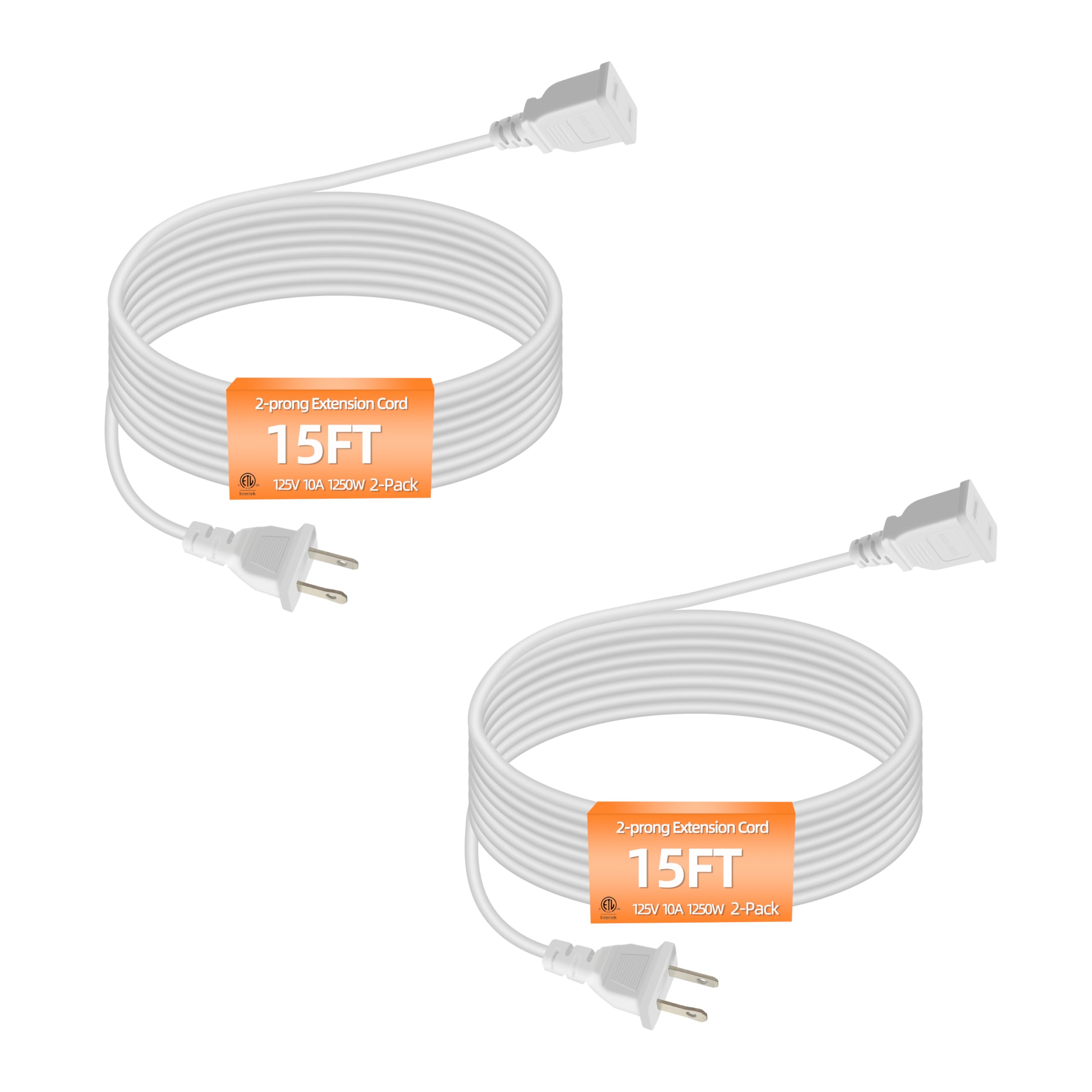 15FT White Flat Extension Cord Two Prong Polarized Light-Duty Power Cable, 125V 5A 625W for Indoor/Home Use, Slim Design for Christmas Lights, Halloween Decor, Lamps & Small Appliances (2 Pack)