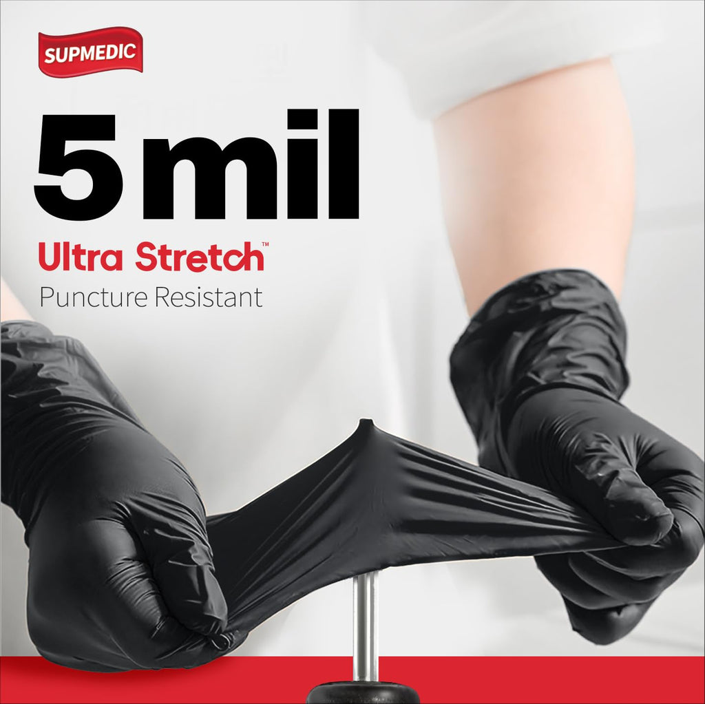 Supmedic Nitrile+ Disposable Gloves 5Mil Powder-Free Glove, Black 100 (L)