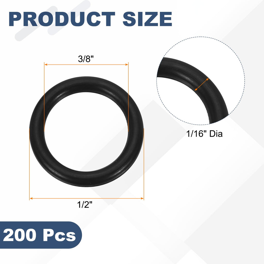 uxcell 200Pcs AS-012 O-Rings, Nitrile Rubber O-Rings 3/8" ID, 1/2" OD, 1/16" Width Round Sealing Gasket for Automotive Machine Plumbing Sealing Repair (70 Durometer, Black)