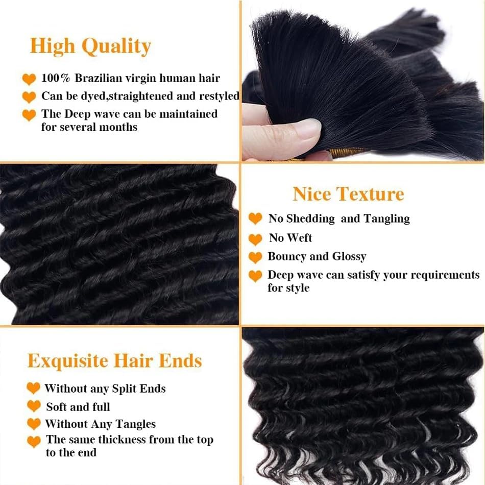 Deep Wave Human Braiding Hair For Boho Braids Full Bulk Human Hair For Braiding Curly Human Hair Braiding Hair Wet Wavy 100g 2 Bundles 18inch No Weft Micro Human Hair Extensions Natural Color