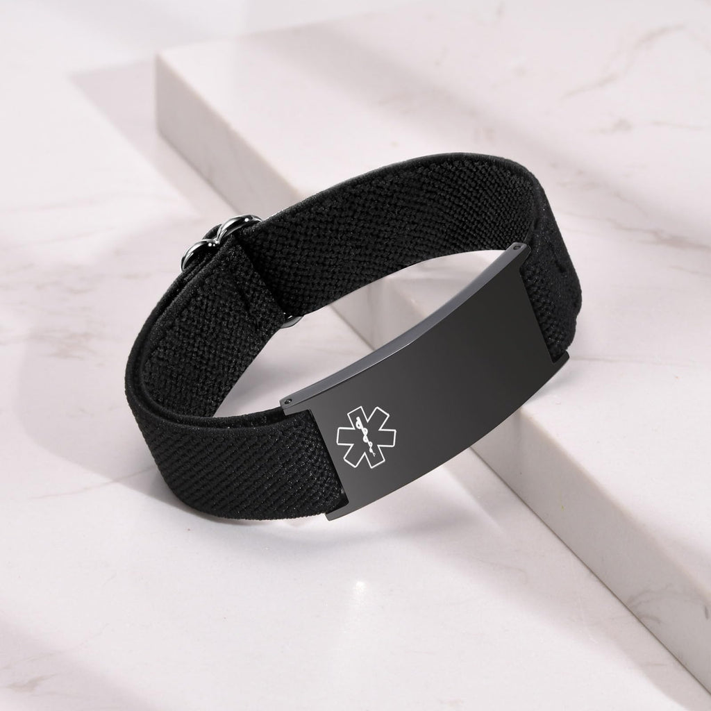 Personalized Medical Alert Bracelet for Men - Customized Elastic Strap Stainless Steel Bracelets Engraved Medic Info, Emergency Awareness Medic ID Bracelet for Allergy Diabetic Asthma Epilepsy