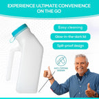 MedVance- Urinals for Men 1000ml with Glow in The Dark Spill Proof Pop Cap Lid, Plastic Pee Bottles for Men, Male Urinals, Pee Container Men, Portable Urinal for Car, Elderly & Incontinence (2 Pack)
