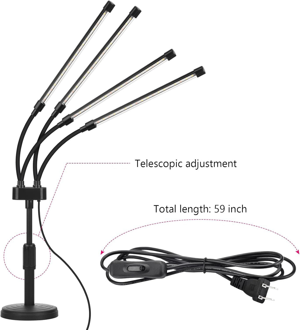 SYEIORAOM Grow Lights for Indoor Plants, Four Head LED Grow Light with Full Spectrum, Red White Spectrum for Indoor Plant Lamp, Adjustable Gooseneck, Suitable for Vegetation