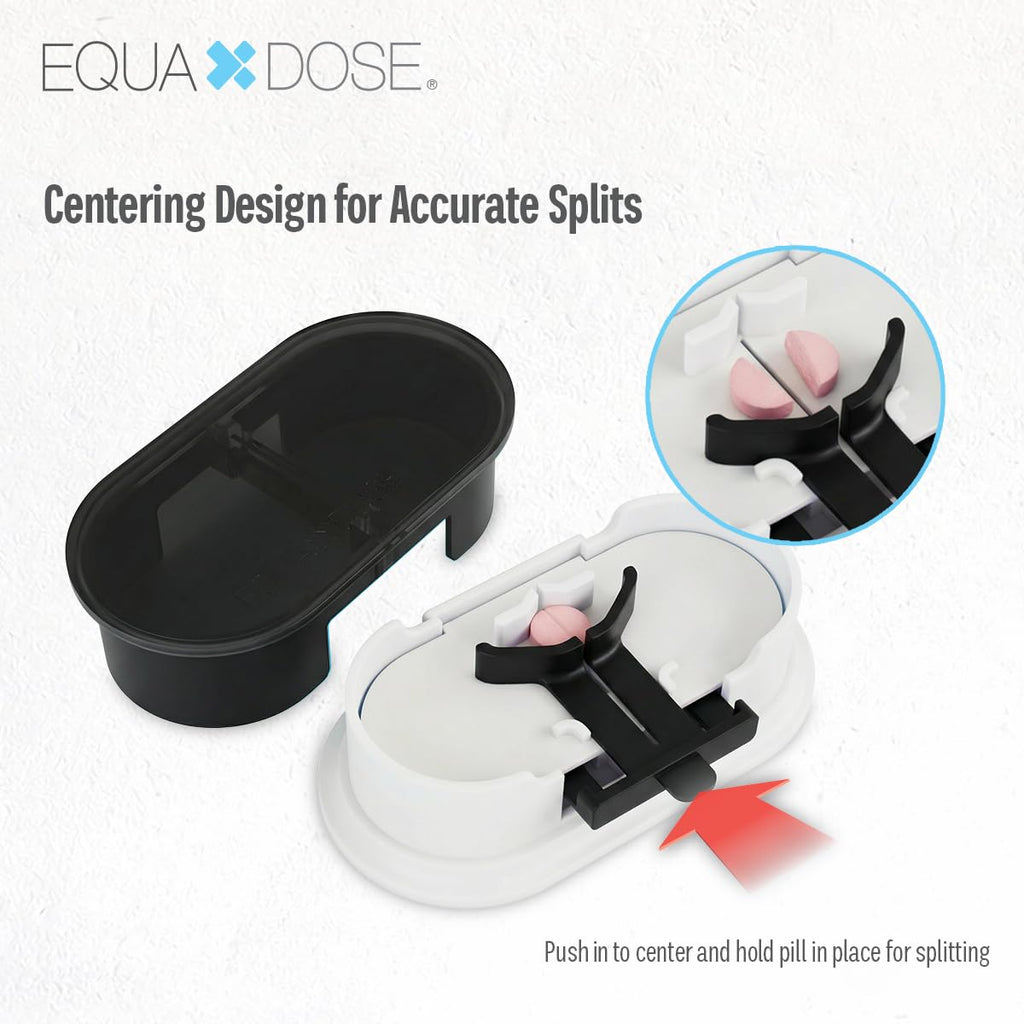 EQUADOSE Precision Pill Splitter with Centering Guide, Dual Stainless-Steel Blades for Small & Large Tablets, Accurate Halves & Quarters for Medication, Vitamins and Pet Pills, Black