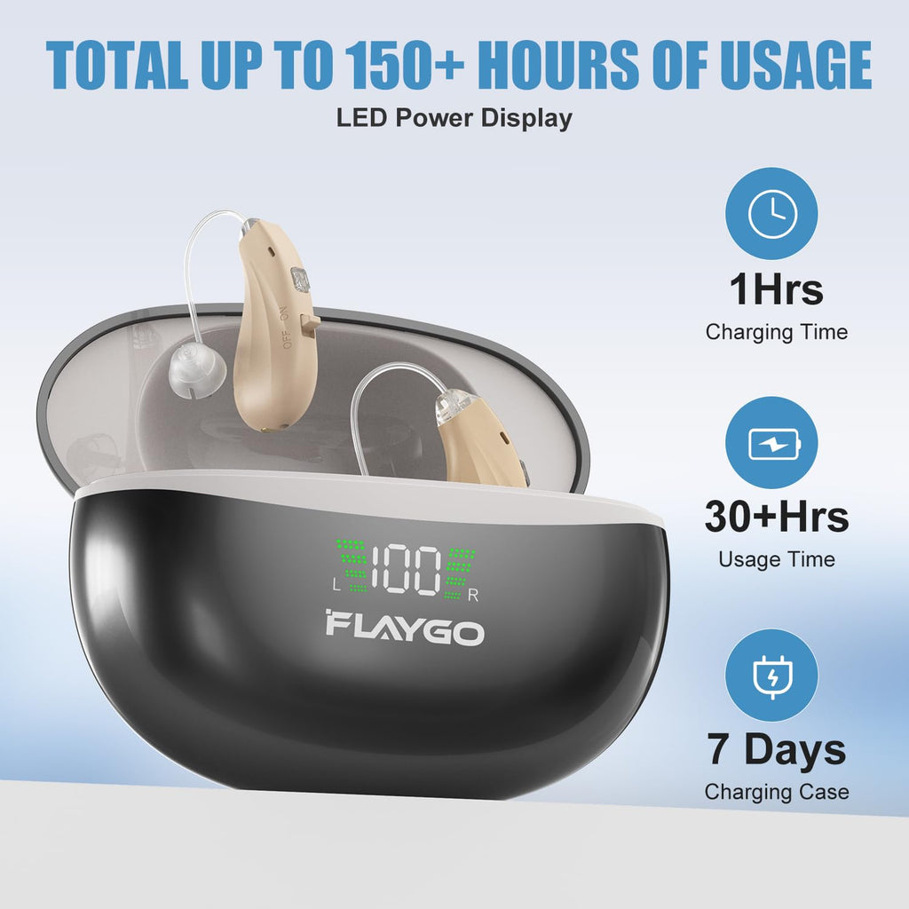 Flaygo Rechargeable Hearing Aids for Seniors - 16-Channel Digital Chip OTC Hearing Aid with Smart Noise Reduction for Clear Sound,150+Hrs Ultra Long Standby, Medical Silicon,Comfortable Anti-Slip Fit