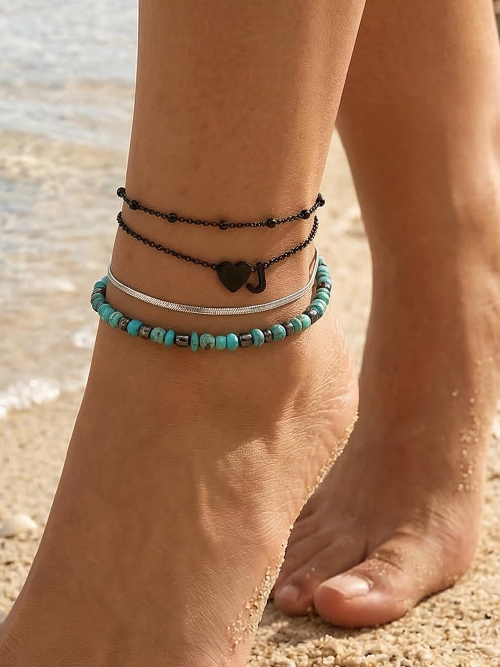 Silvora Ankle Bracelets for Women Black Heart Anklet for Women Dainty Layered Initial Ankle Bracelets Adjustable Foot Chain Stainless Steel Anklet Summer Waterproof Jewelry Letter J