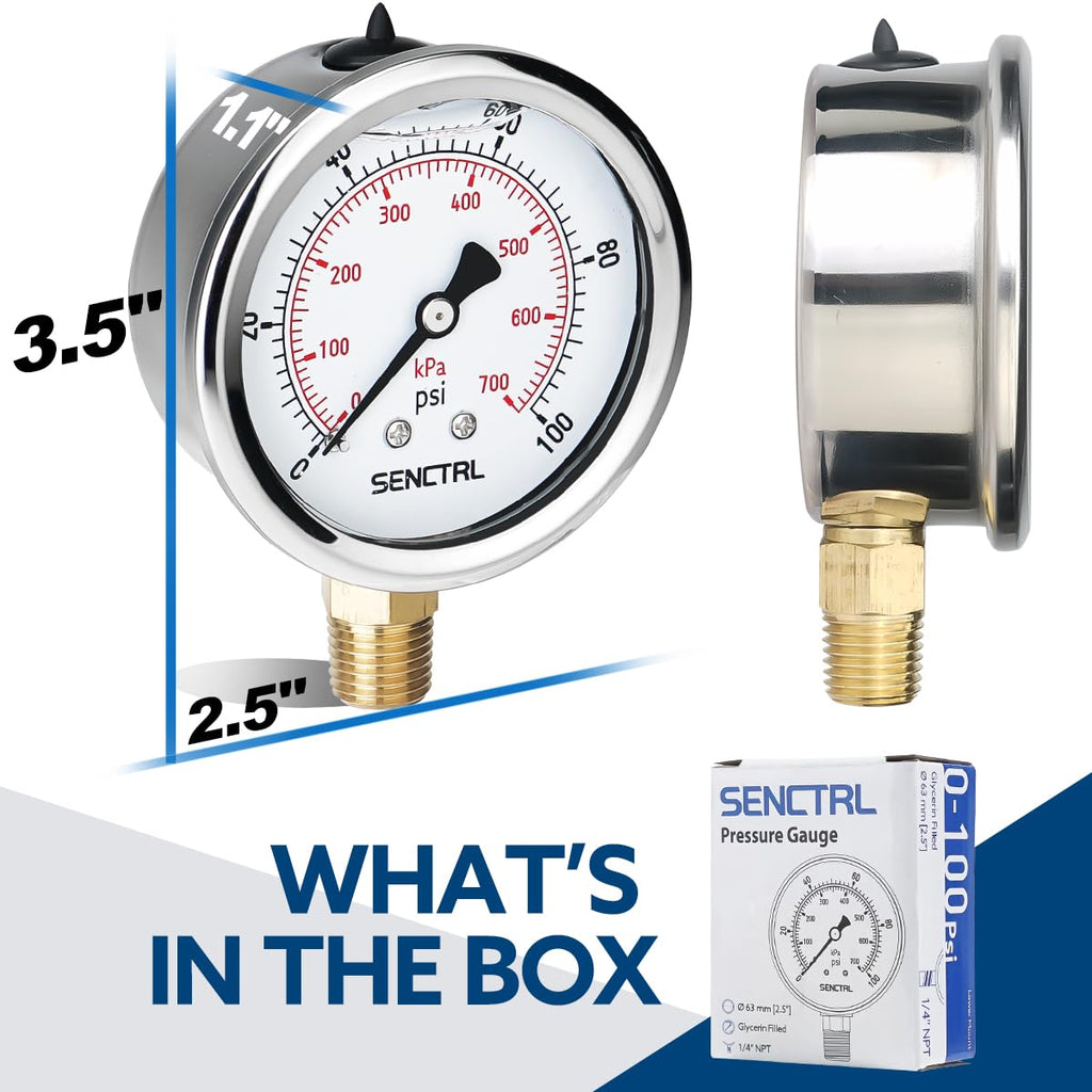 SENCTRL 0-100 Psi Liquid Filled Low Pressure Gauge, 1/4" NPT Lower Mount