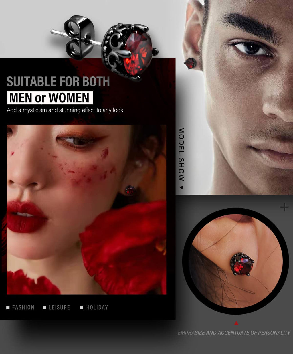 KZZENKI Red and Black Earrings Vintage Crown Stainless Steel Cubic Zirconia Stud Earrings Cool Gothic Jewelry