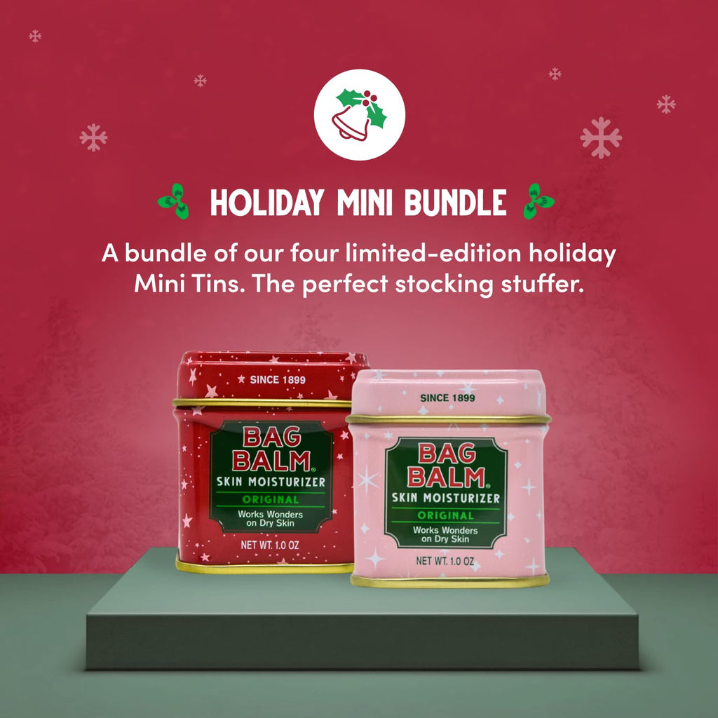 Bag Balm Mini Tin Gift Set – Bundle of 4 Limited Edition Tins (Red Star, Pink Star, Green Plaid, Red Plaid) – Multi-Use Moisturizing Balm for Dry Skin, Lips, Hands and Winter Hydration