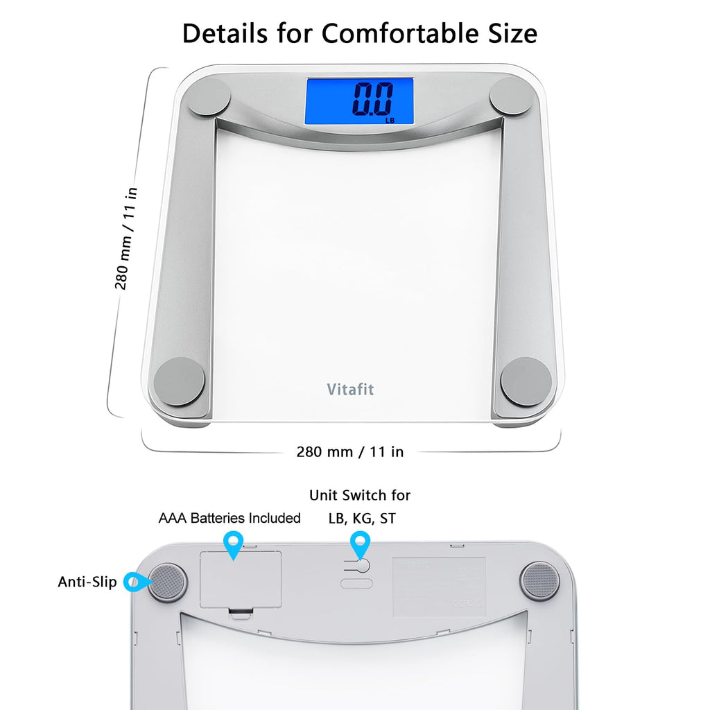 Vitafit Bathroom Scale for Body Weight Accuracy 0.1lb, 400lb,Clear Glass