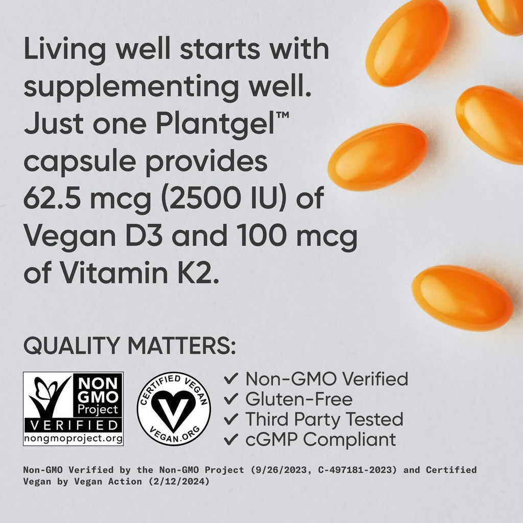 Sports Research® Vitamin D3 + K2 w/Coconut Oil - Vegan Vitamin D 2500iu (62.5mcg) & Mk7 Vitamin K 100mcg for Bone & Immune Support - Vegan Certified · Non-GMO · Soy Free - 60 Softgels