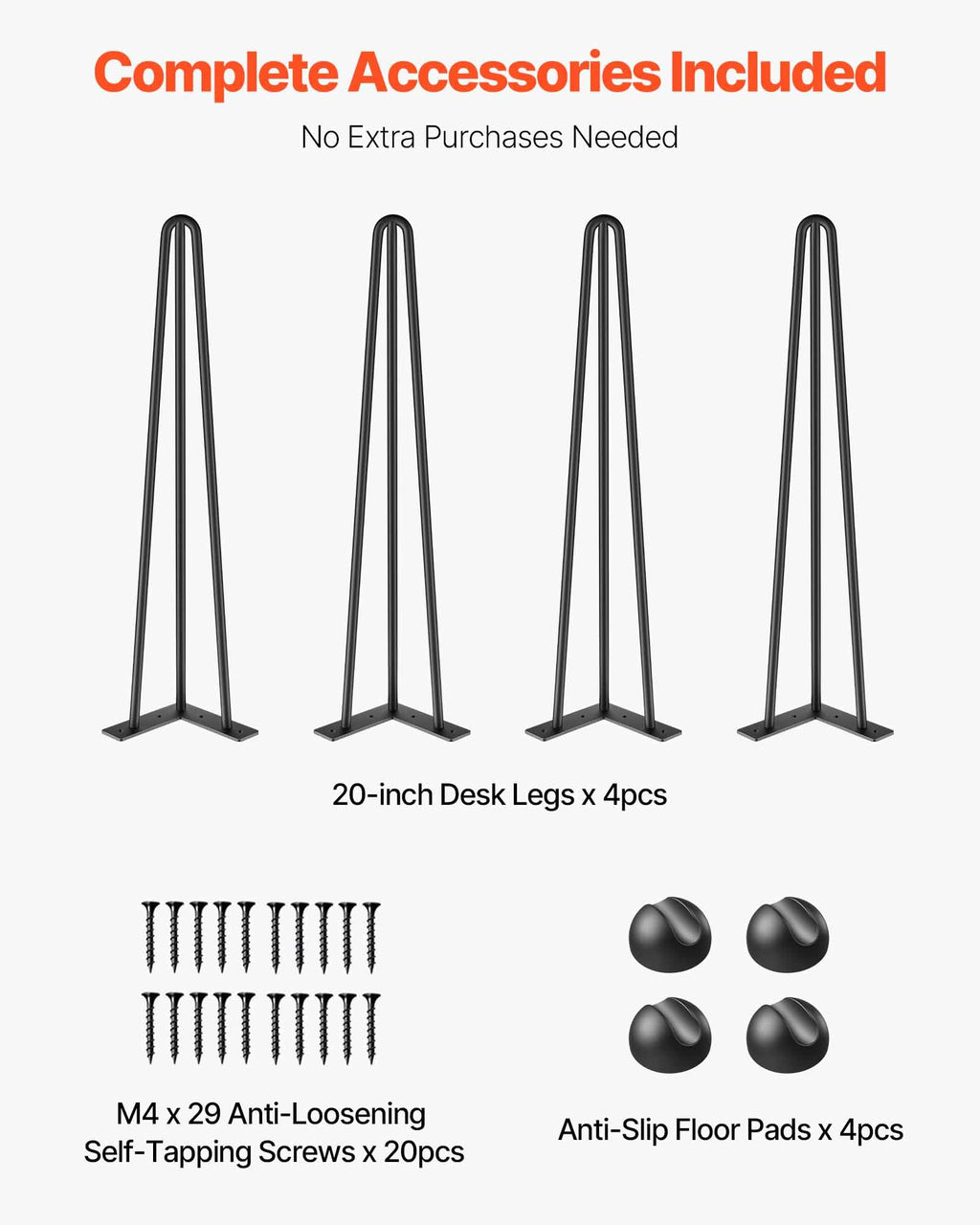 VEVOR Hairpin Table Legs 20" Black Set of 4 Desk Legs 880lbs Load Capacity (Each 220lbs) Hairpin Desk Legs 3 Rods for Bench Desk Dining End Table Chairs Carbon Steel DIY Heavy Duty Furniture Legs