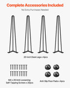 VEVOR Hairpin Table Legs 20" Black Set of 4 Desk Legs 880lbs Load Capacity (Each 220lbs) Hairpin Desk Legs 3 Rods for Bench Desk Dining End Table Chairs Carbon Steel DIY Heavy Duty Furniture Legs