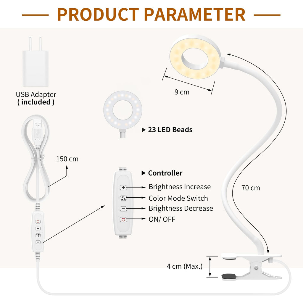 iZELL Reading Light, USB Clamp Lamp for Child Reading Book in Bed at Night, LED Small Desk Lamp with Silicone Adjustable Arm Clip on Beside Table for Studying Working Drafting Sewing - 15.8‘’ White