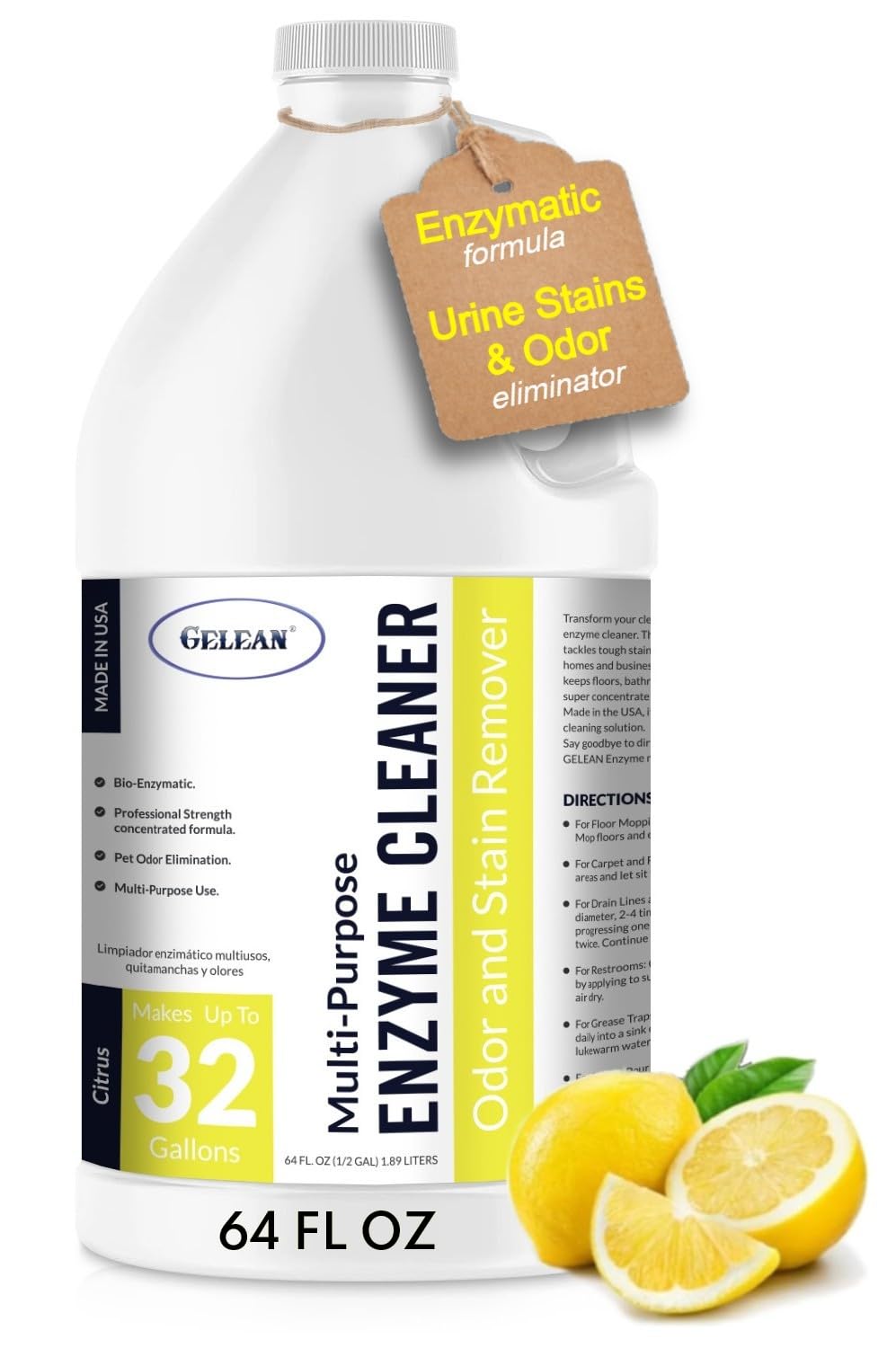 Multi-Purpose Probiotic Enzyme Citrus Cleaner, 1/2 Gallon (64 oz.) - Pet Stain and Odor Remover - Concentrated - Professional & Home Strength Drains, Floors, Bathrooms, Toilets Trash Can, Made in USA
